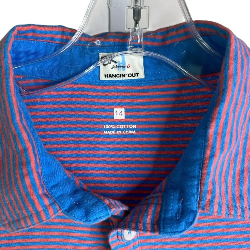 Johnnie-O Polo Shirt Boys 14 Blue Red Stripe Hangin' Out Short Slv Surfer‎ Logo